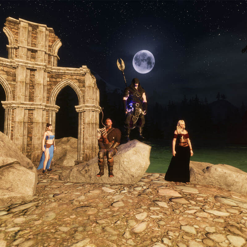 Characters gathered under the moon in Conan Exiles RP server Ash & Blood