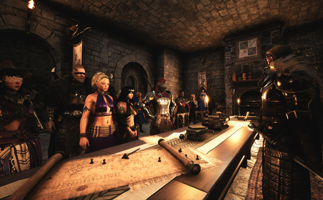 Conan Exiles roleplay server war council scene — Ash & Blood